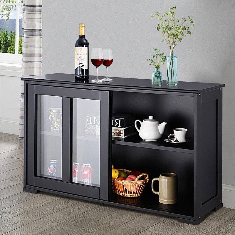 Black Sideboard Buffet Dining Storage Cabinet With 2 Glass Sliding Doors