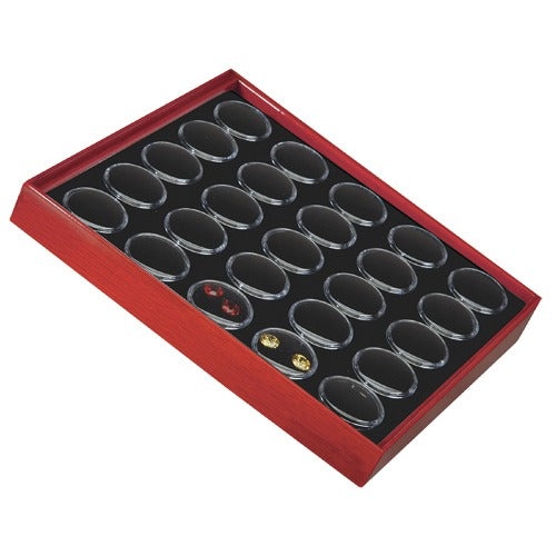 25 Acrylic Gem Jars with Black Flat-Foam Inserts in Mahogany Wood Trays
