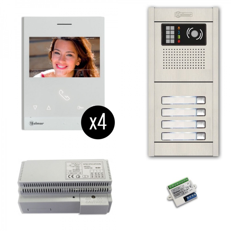 4-Unit Videointercom Kit-Al-Su. Incl. 4- Art4lite/G2 Monitors 4 Button Surface Alum. Door Camera Station & Power Equipt