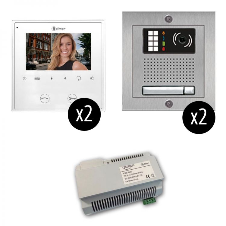 Gb2-7 Series: 1-Unit Touchscreen Video Entry Intercom Kit (2X2). Two 7.0" Touchscreen Monitors, Two Surface-Mounted Stainless Steel Entrance Panels (1-Button)