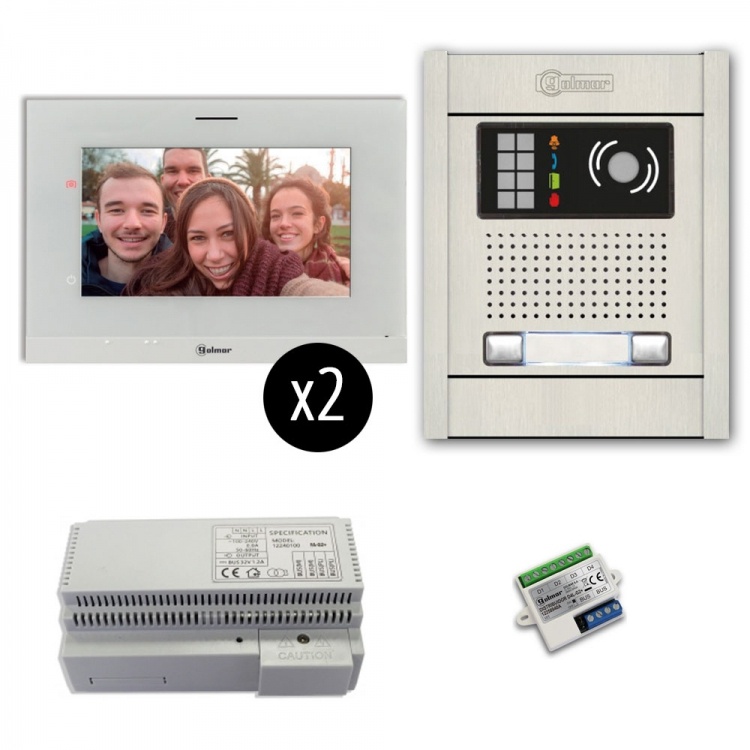 2-Unit Videointercom Kit-Al-Fl. Incl. 2- Art7lite/G2 Monitors 2 Button Flush Alum. Door Camera Station & Power Equipt