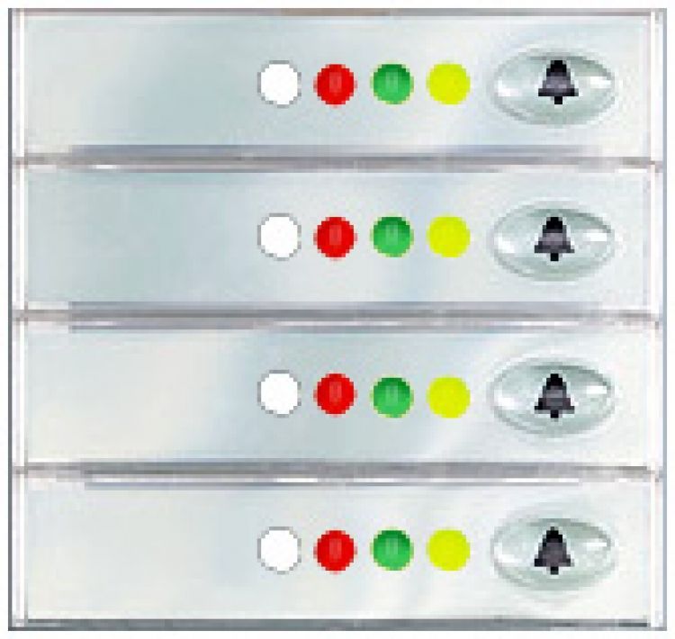 4 Stat. Led Room Status Module. Has 4-Room Status L.E.D. Sets Red/Yellow/Green/White. Use With 'Mt' Series Frame(S)