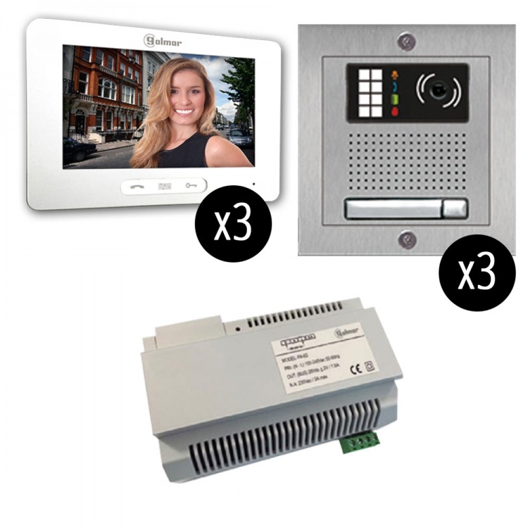 Gb2-7 Series: 1-Unit Touchscreen Video Entry Intercom Kit (3X3). Three 7.0" Touchscreen Monitors, Three Flush-Mounted Stainless Steel Entrance Panels (1-Button)