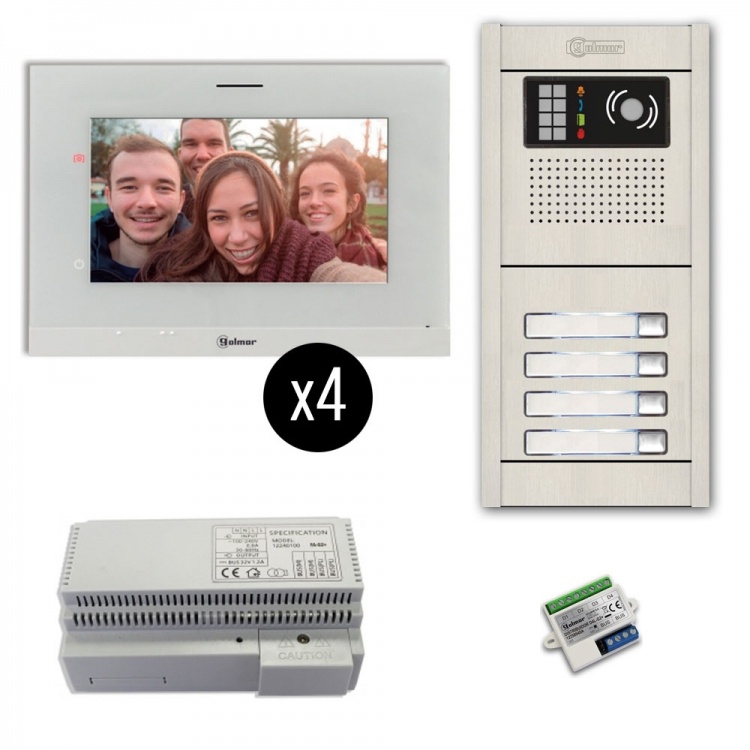 4-Unit Videointercom Kit-Al-Su. Incl. 4- Art7lite/G2 Monitors 4 Button Surface Alum. Door Camera Station & Power Equipt
