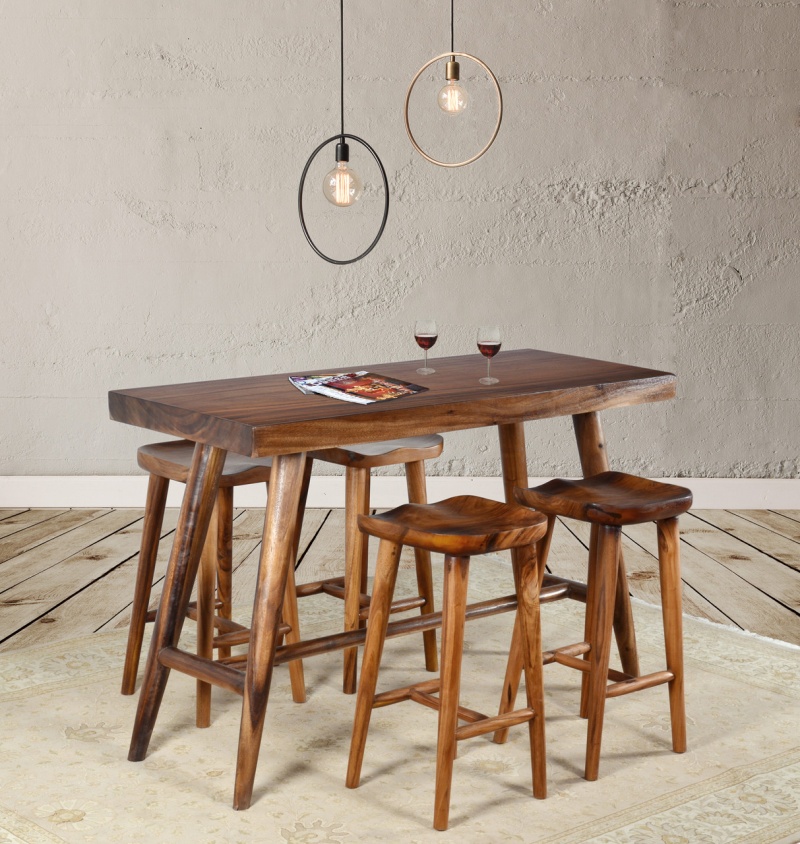 Suar Wood Slab Bar Table Set with 4 Stools