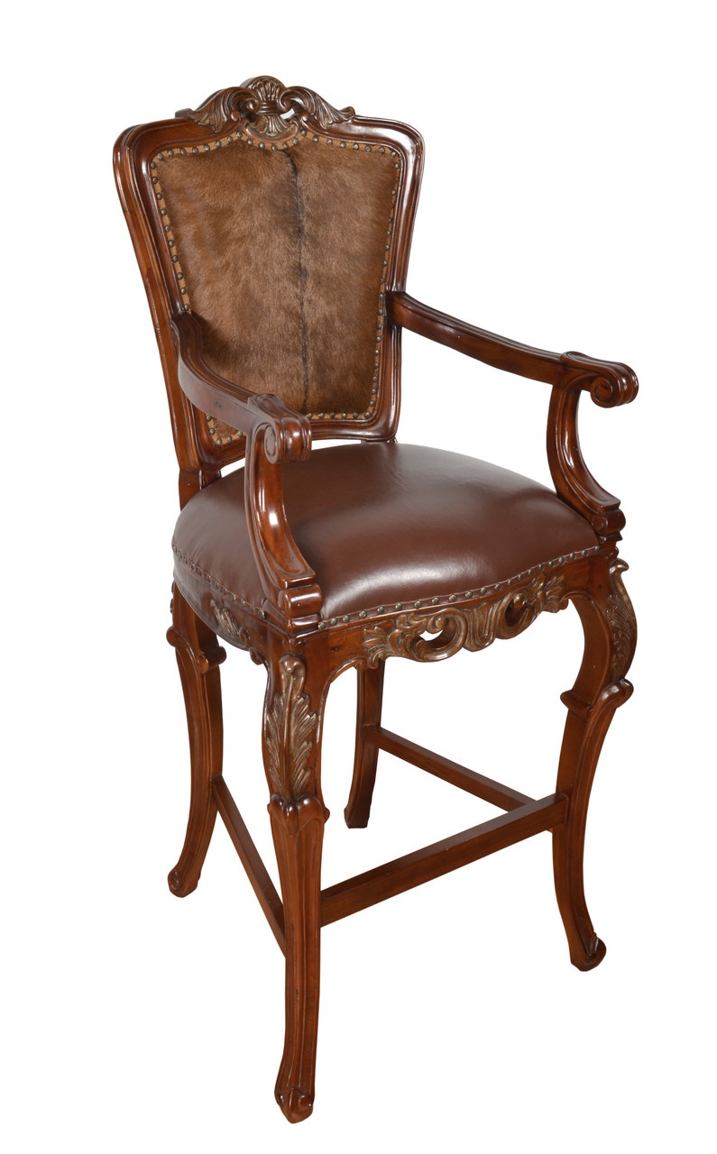 Western Chippendale Fur And Leather Bar Stool