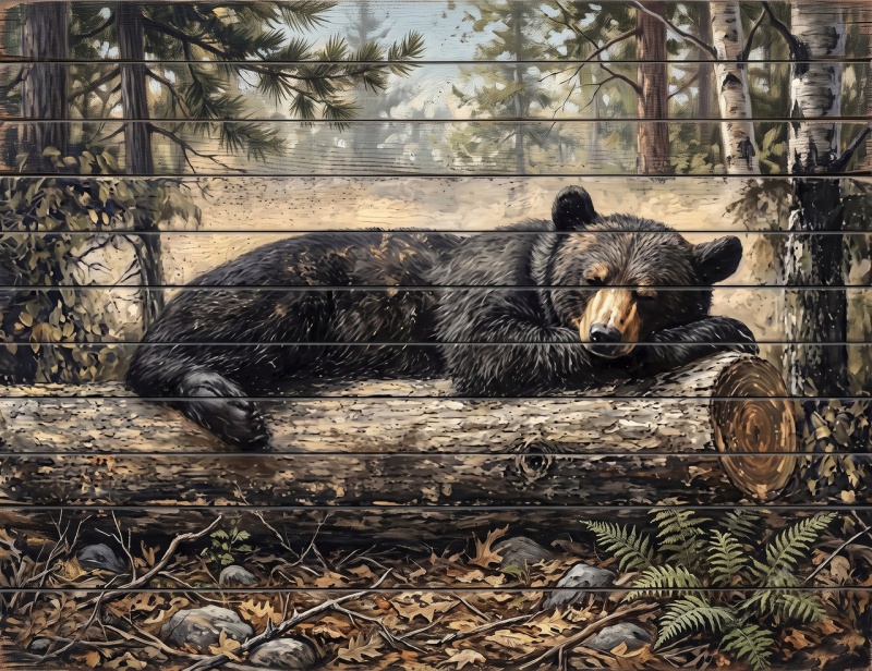 Black Bear Sleeping On A Log Giclee