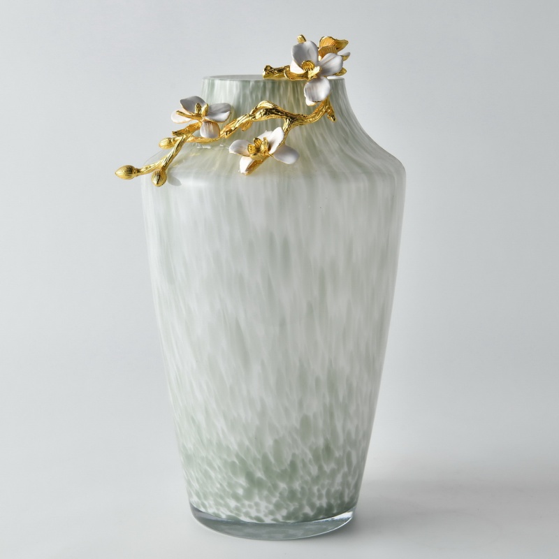 Grande Pearl Blossom Vase With Gold Floral Branch