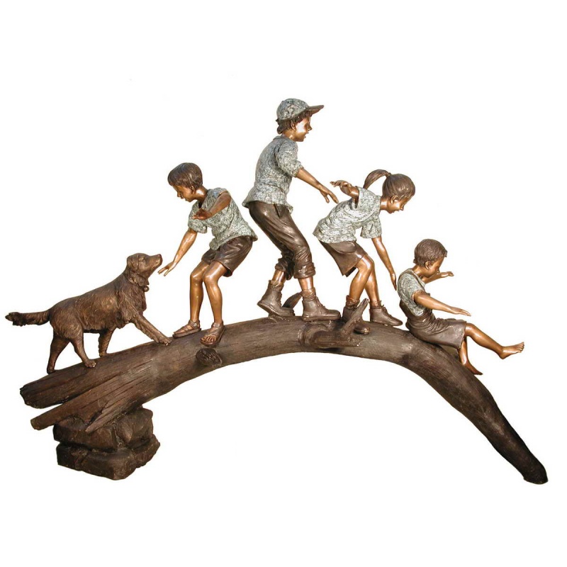 Kids And Dog On Log Bridge