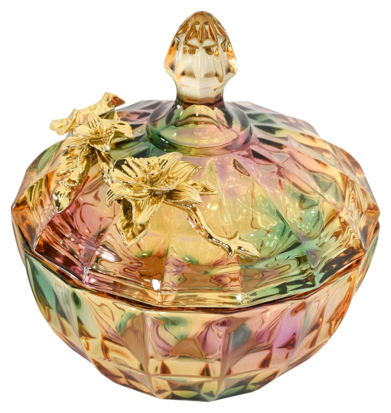 Multi Color Cut Glass Cannister With Gold Accent