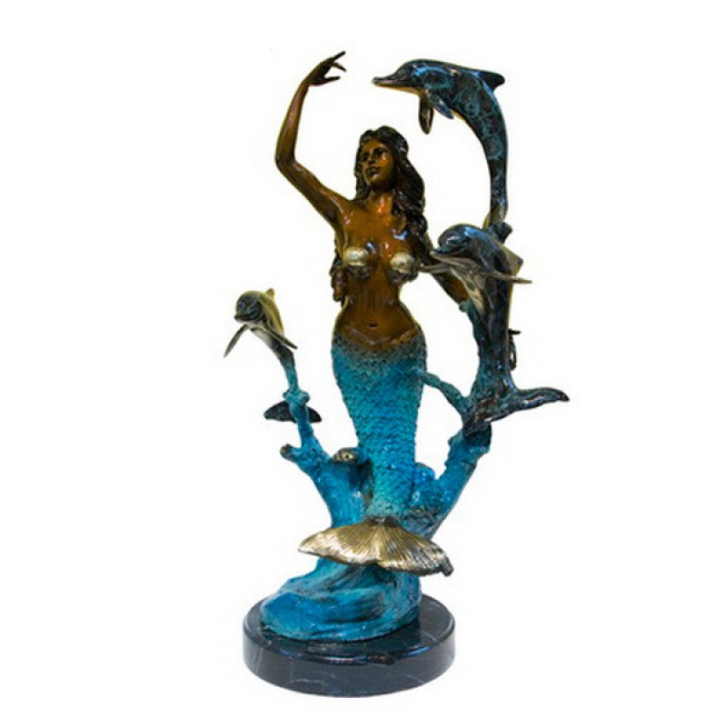 Mermaid With 3 Dolphins On Marble Base In Special Patina