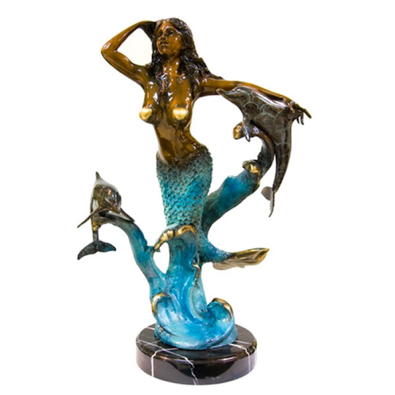 Mermaid And Dolphin On Marble Base In Special Patina