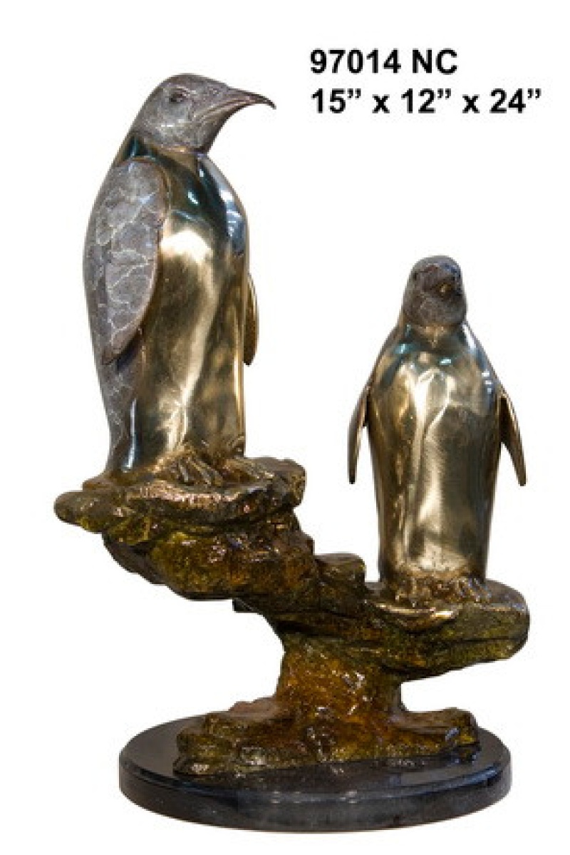 Two Penguins On Marble Base In Special Patina