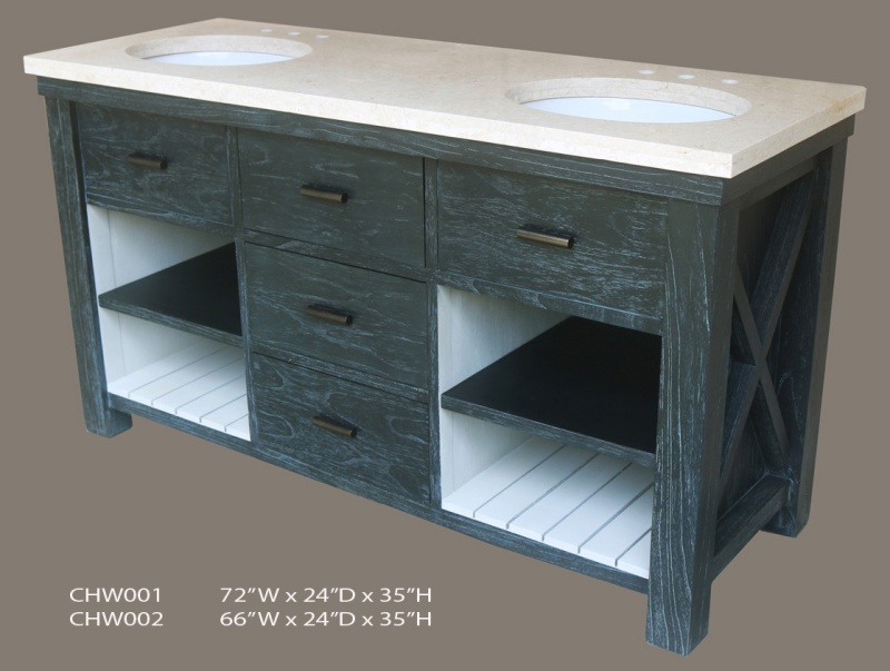 Customizable Charcoal Double Bathroom Vanity with Marble Top, 66 in.