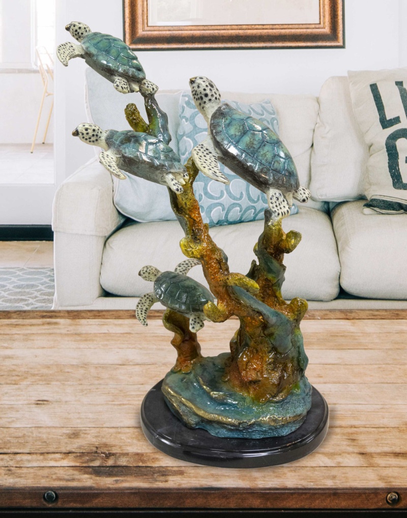 Four Turtle With Fish Marble Base Special Patina