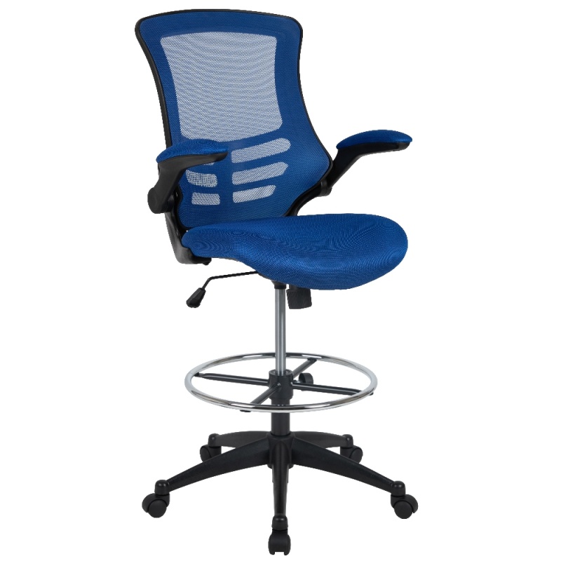 Kelista Mid-Back Blue Mesh Ergonomic Drafting Chair With Adjustable Foot Ring And Flip-Up Arms