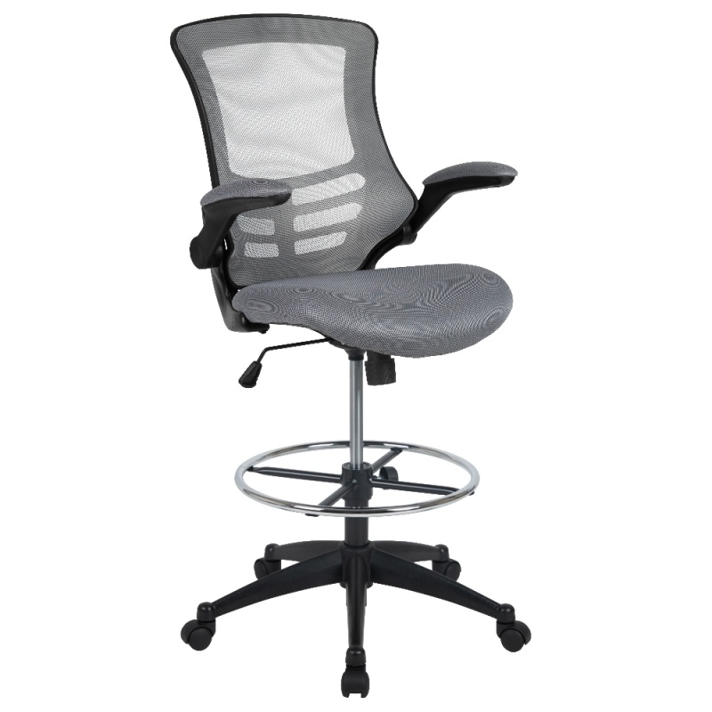 Kelista Mid-Back Dark Gray Mesh Ergonomic Drafting Chair With Adjustable Foot Ring And Flip-Up Arms