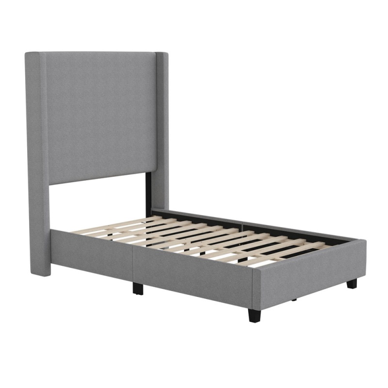 Quinn Twin Upholstered Platform Bed With Channel Stitched Wingback Headboard, Mattress Foundation With Slatted Supports, No Box Spring Needed, Gray