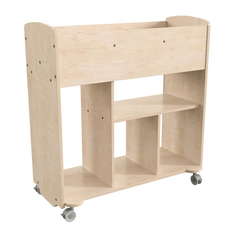 Bright Beginnings Commercial Grade Double Sided Space Saving Wooden Mobile Storage Cart With Locking Caster Wheels & 10 Storage Compartments, Natural