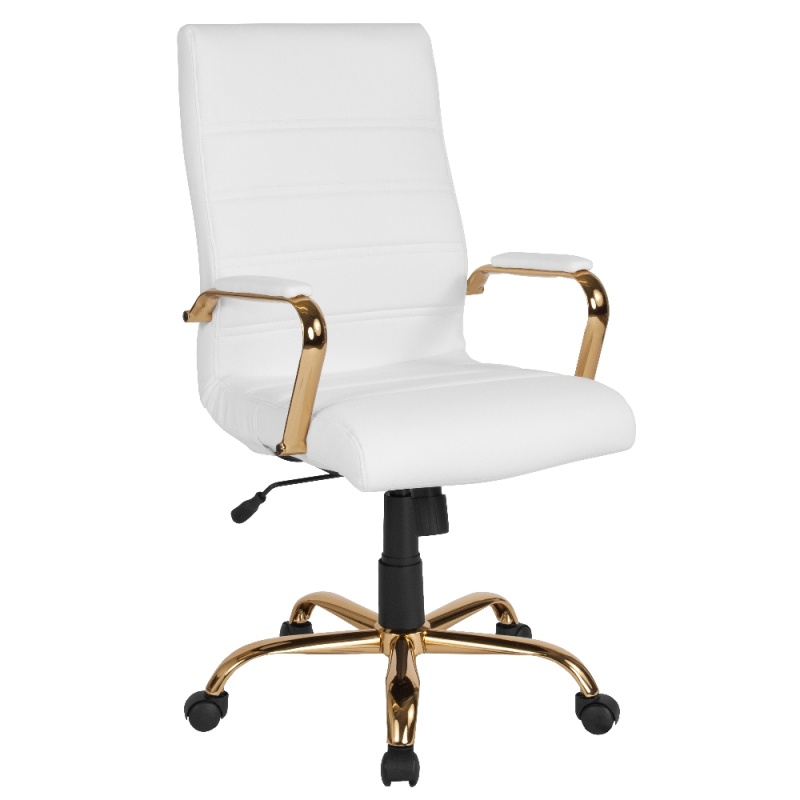 Whitney High Back White Leathersoft Executive Swivel Office Chair With Gold Frame And Arms