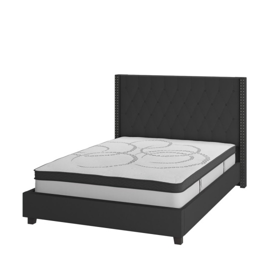 Riverdale Full Size Tufted Upholstered Platform Bed In Black Fabric With 10 Inch Certipurus Certified Pocket Spring Mattress