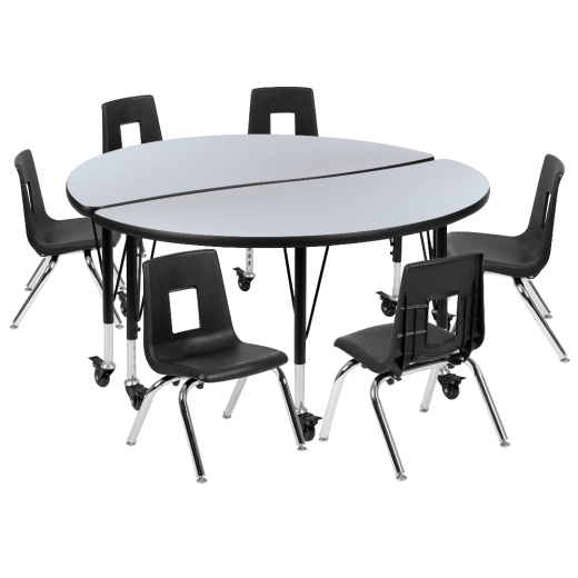 Emmy Mobile 47.5" Circle Wave Flexible Laminate Activity Table Set With 14" Student Stack Chairs, Grey/Black