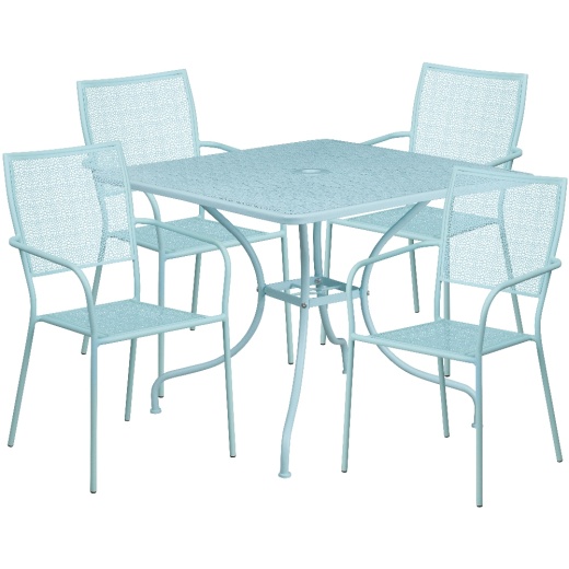 Oia Commercial Grade 35.5" Square Sky Blue Indooroutdoor Steel Patio Table Set With 4 Square Back Chairs