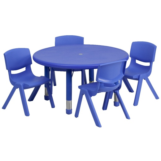 Emmy 33'' Round Blue Plastic Height Adjustable Activity Table Set With 4 Chairs