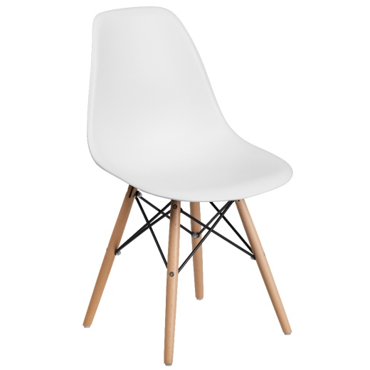 Elon Series White Plastic Chair With Wooden Legs For Versatile Kitchen, Dining Room, Living Room, Library Or Desk Use