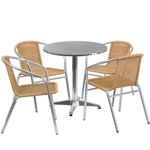Lila 27.5'' Round Aluminum Indooroutdoor Table Set With 4 Beige Rattan Chairs