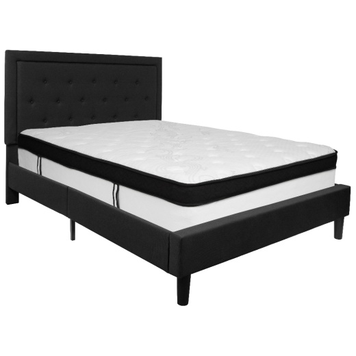 Roxbury Queen Size Tufted Upholstered Platform Bed In Black Fabric With Memory Foam Mattress