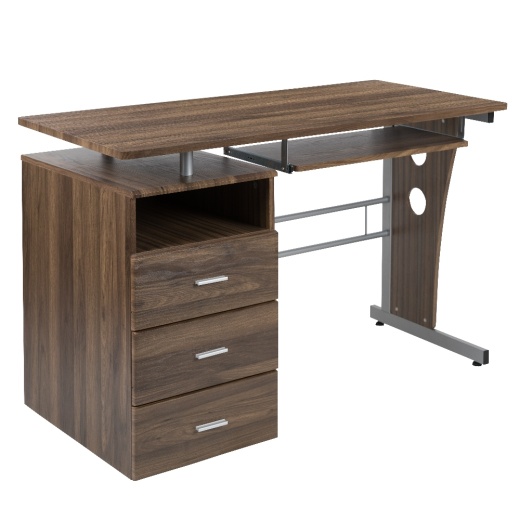 Joshua Rustic Walnut Desk With Three Drawer Pedestal And Pullout Keyboard Tray