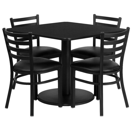 Jamie 36'' Square Black Laminate Table Set With Round Base And 4 Ladder Back Metal Chairs Black Vinyl Seat