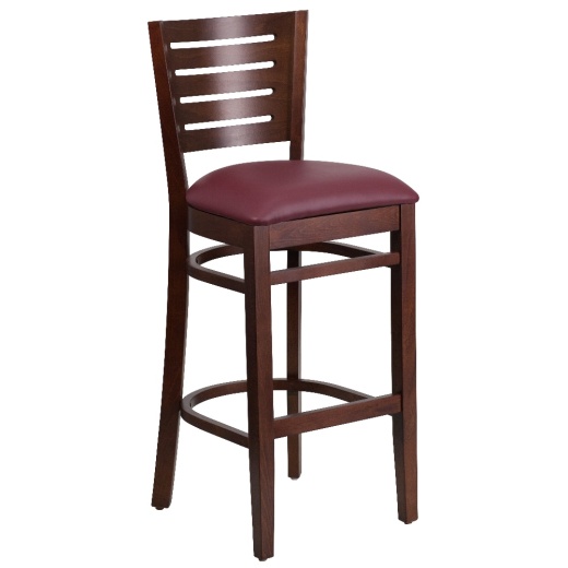 Darby Series Slat Back Walnut Wood Restaurant Barstool Burgundy Vinyl Seat