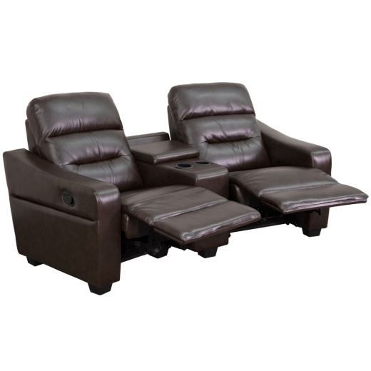 Futura Series 2Seat Reclining Brown Leathersoft Theater Seating Unit With Cup Holders