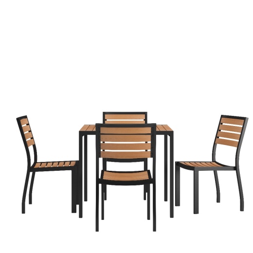 Lark 5 Piece Patio Table Set Synthetic Teak Poly Slats 35" Square Steel Framed Table With 4 Stackable Faux Teak Chairs