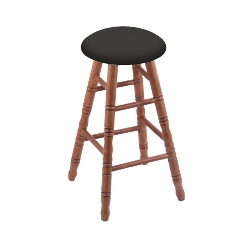 Oak Round Cushion Swivel Stool With Turned Legs, Medium Finish, And Canter Iron Seat