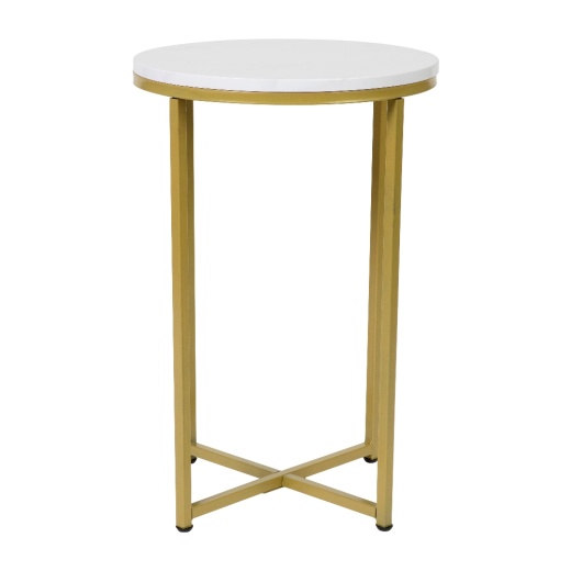 Hampstead Collection End Table Modern White Marble Finish Accent Table With Crisscross Brushed Gold Frame