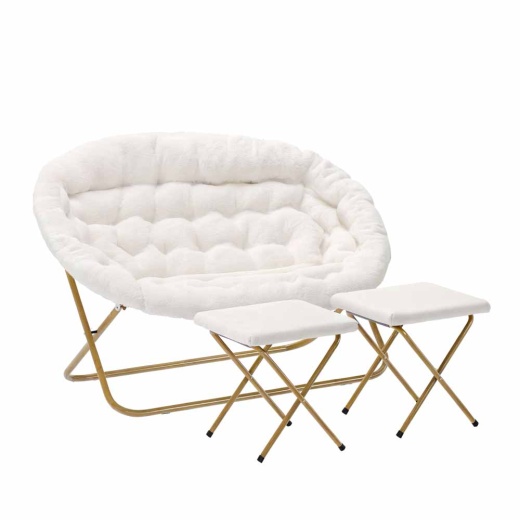 Eleanor 56" Portable Folding Double Saucer Chair With 2 Folding Ottomans Ivory Faux Shearling With A Soft Gold Steel Frame For Dorm Or Bedroom