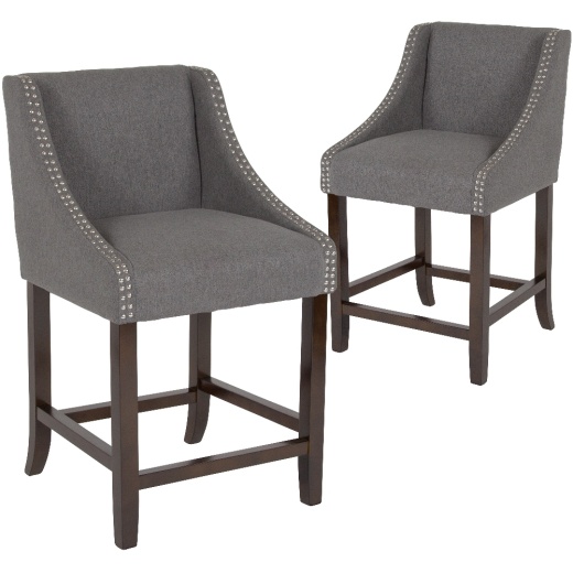 Carmel Series 24" High Transitional Walnut Counter Height Stool With Nail Trim In Dark Gray Fabric, Set Of 2