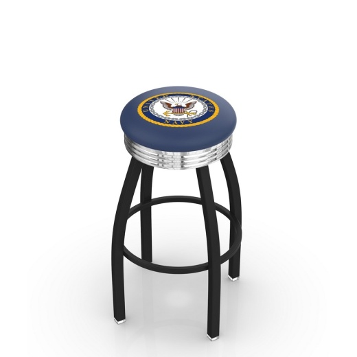 L8b3c Black Wrinkle U.S. Navy Swivel Bar Stool With Chrome 2.5" Ribbed Accent Ring By Holland Bar Stool Company