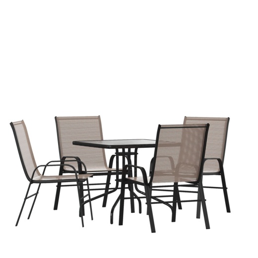 Brazos 5 Piece Outdoor Patio Dining Set 31.5" Square Tempered Glass Patio Table, 4 Brown Flex Comfort Stack Chairs