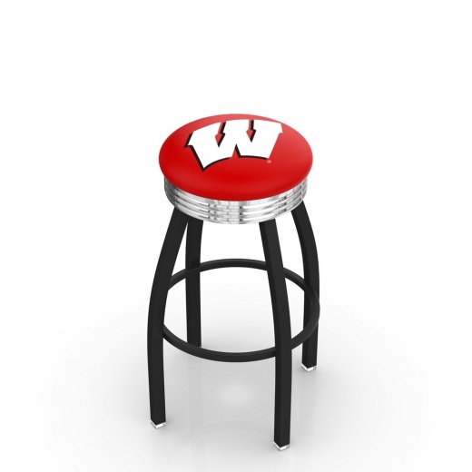 L8b3c Black Wrinkle Wisconsin "W" Swivel Bar Stool With Chrome 2.5" Ribbed Accent Ring By Holland Bar Stool Company