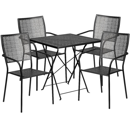 Oia Commercial Grade 28" Square Black Indooroutdoor Steel Folding Patio Table Set With 4 Square Back Chairs