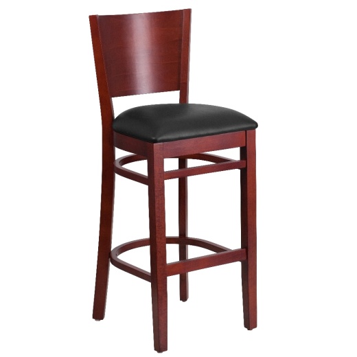 Lacey Series Solid Back Mahogany Wood Restaurant Barstool Black Vinyl Seat