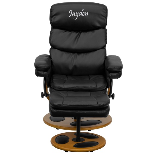 Whitney Personalized Contemporary Multiposition Recliner And Ottoman With Wood Base In Black Leathersoft