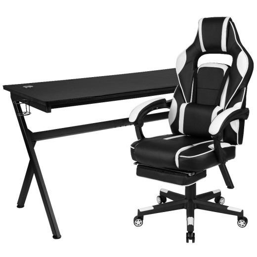 Optis Gaming Desk With Cup Holder/Headphone Hook/Removable Mousepad Top & White Reclining Back/Arms Gaming Chair With Footrest