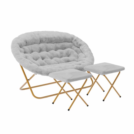 Eleanor 56" Portable Folding Double Saucer Chair With 2 Folding Ottomans Gray Faux Fur With A Soft Gold Steel Frame For Dorm Or Bedroom