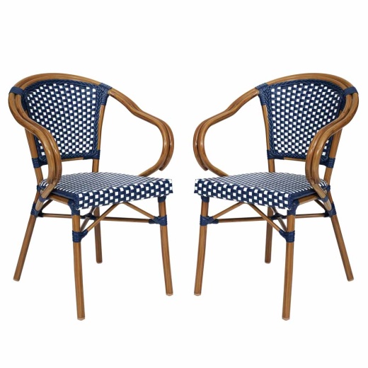2 Pack Bordeaux Indoor/Outdoor Commercial Bistro Stacking Chair With Arms, Navy And White Pe Rattan And Bamboo Print Aluminum Frame In Natural