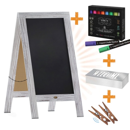 Canterbury 40" X 20" Whitewashed Wooden Indoor/Outdoor Aframe Magnetic Chalkboard Sign Set 8 Chalk Markers, 10 Stencils, 2 Magnets, And Eraser